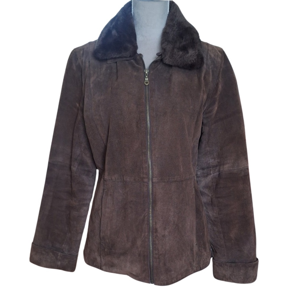 Fall Boho Chic Jacket Faux Fur Collar Silver Fox Brown Suede Leather Jacket Sz M